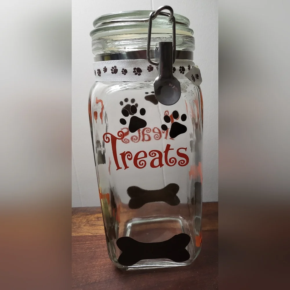 Dog Treat Jar with Black Paw Prints, White Ribbon, Letters